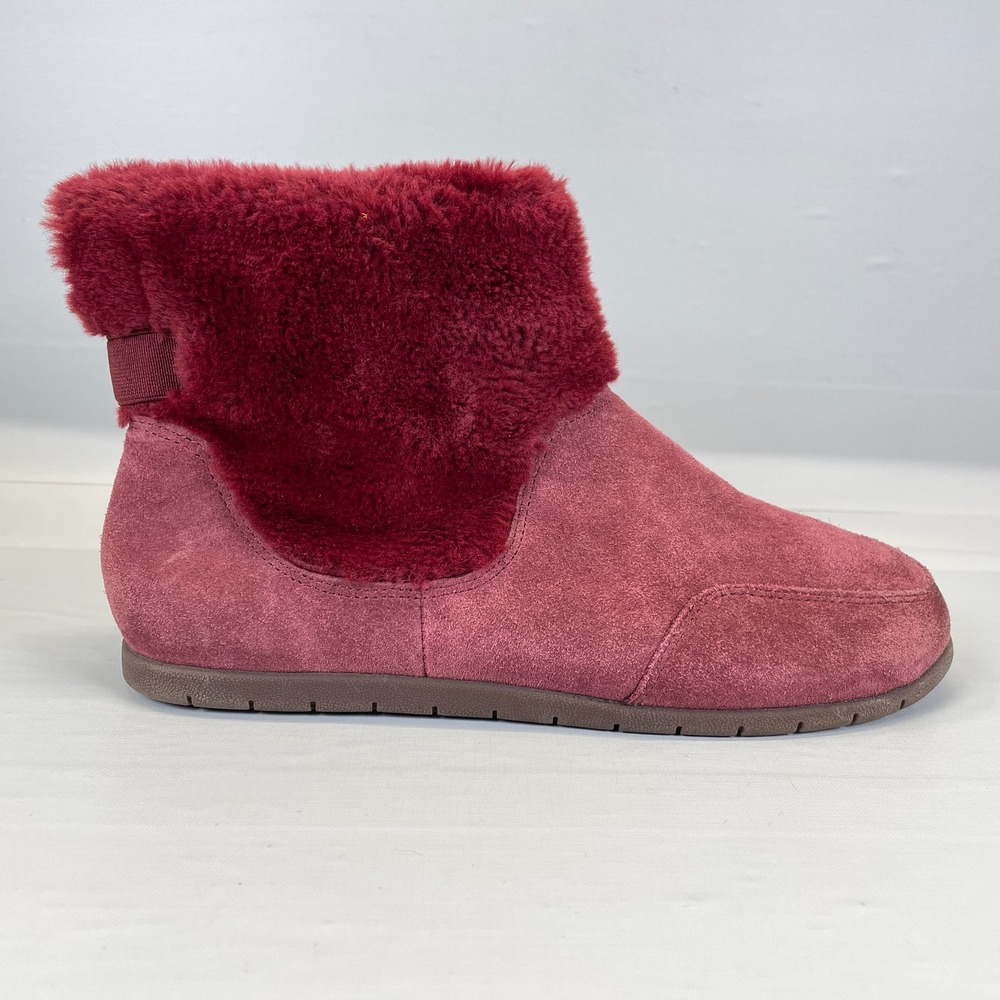 Vionic Maizie Ankle Boots Womens Size 7.5 Red Suede Faux Fur Pull On Shoes